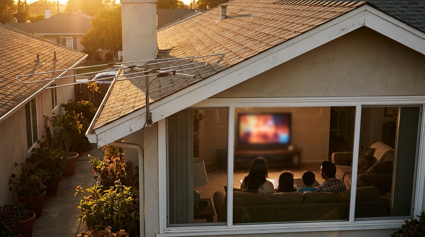 An outdoor TV antenna on a house roof at sunset, with a family watching TV through the window