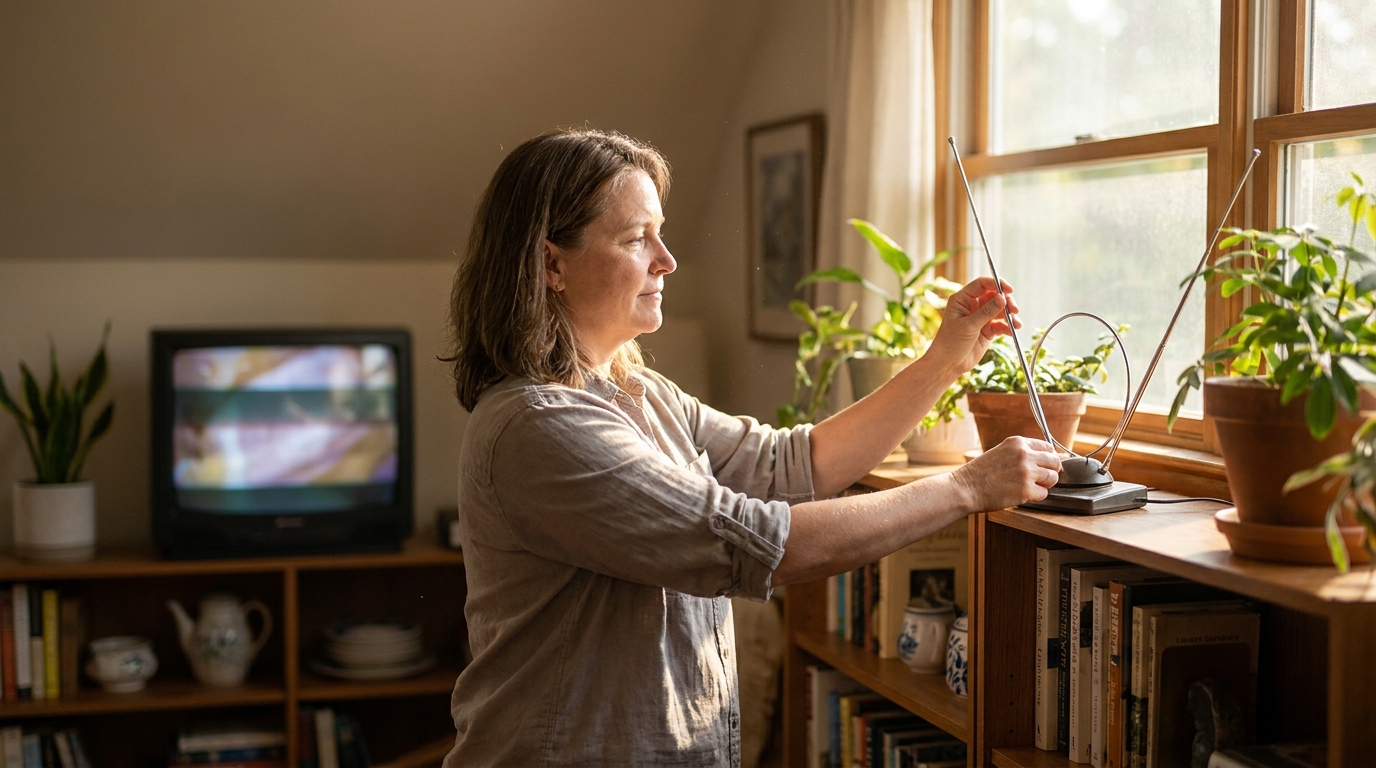 A woman adjusts an indoor rabbit-ear TV antenna near a sunny living room window
