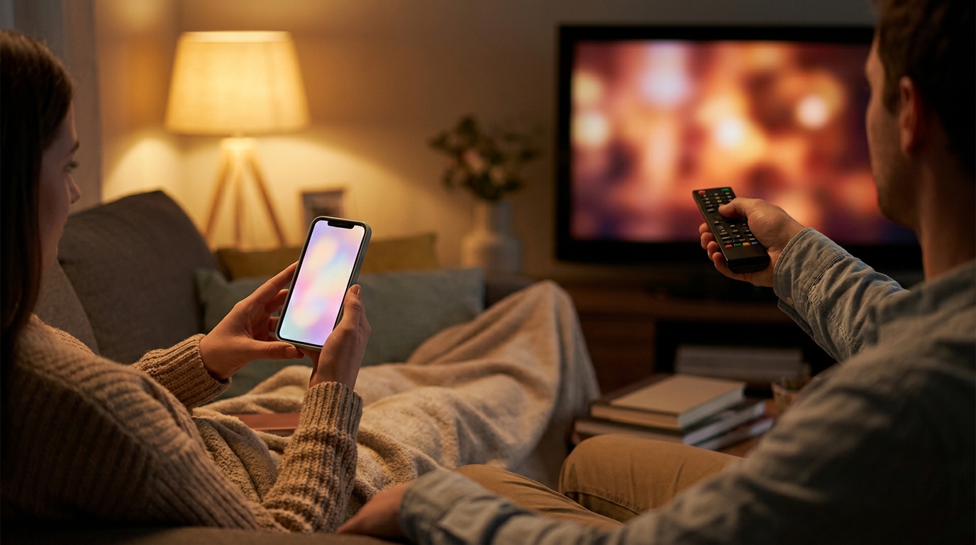 A couple on a couch with a remote and a phone, deciding what to watch on their TV