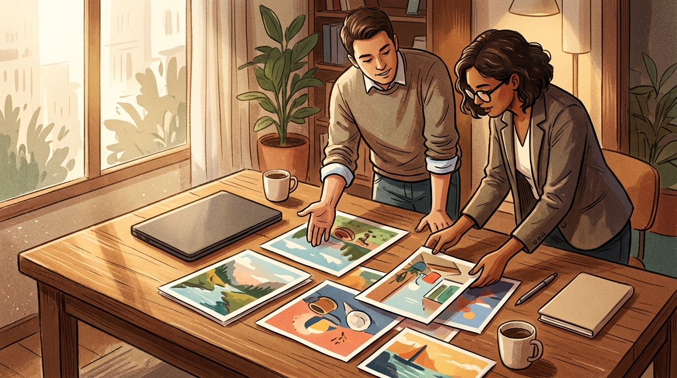 Two people at a wooden table comparing printed ad samples side by side in morning light