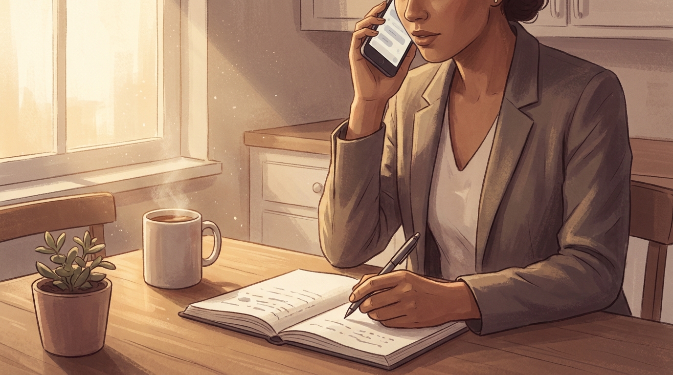 Real estate agent on a phone call at a kitchen table, taking notes in a notebook