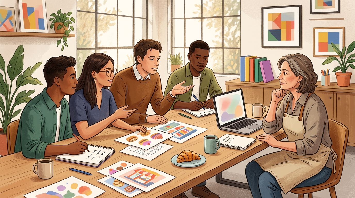 Agency team discussing an advertising plan with a bakery owner in an apron at a bright office table