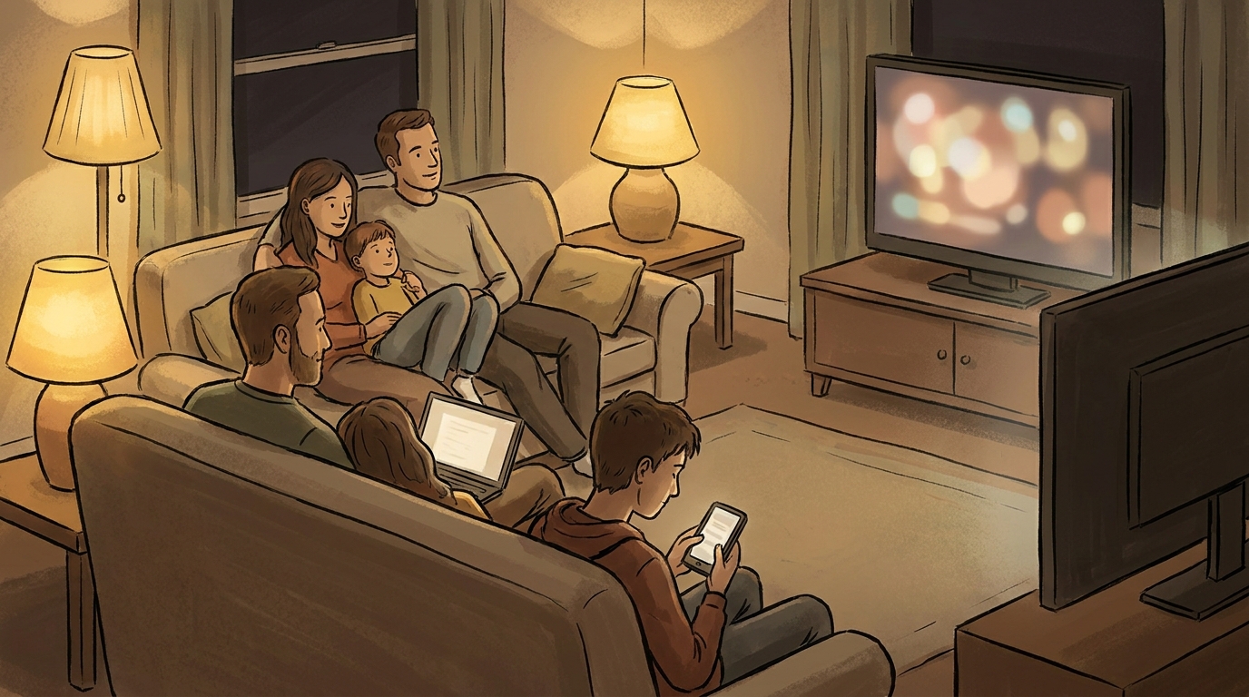 Family in a living room at night watching TV while others use a phone and a laptop nearby