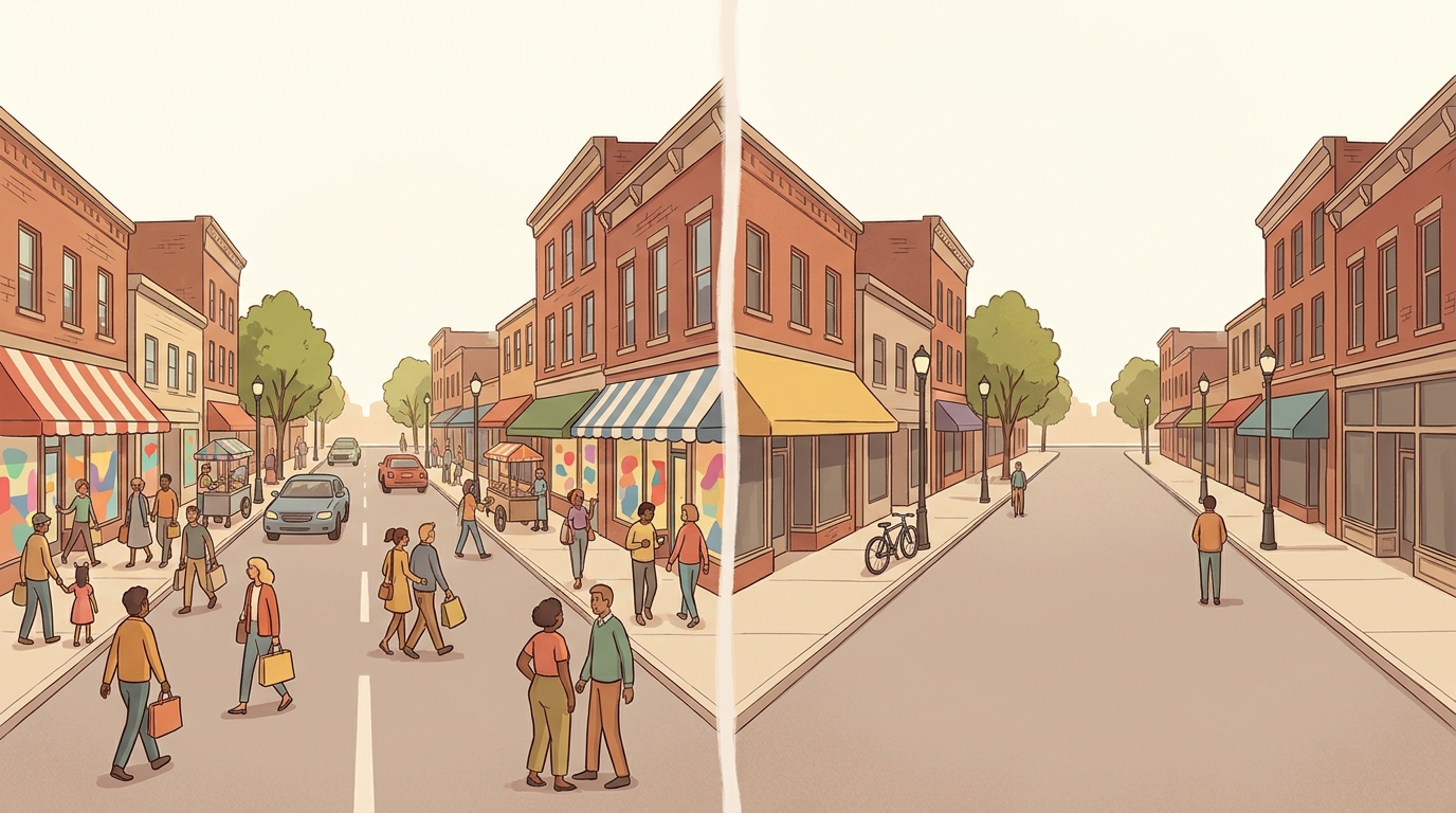 Two similar small-town main streets in daylight, one busy with shoppers and the other quiet
