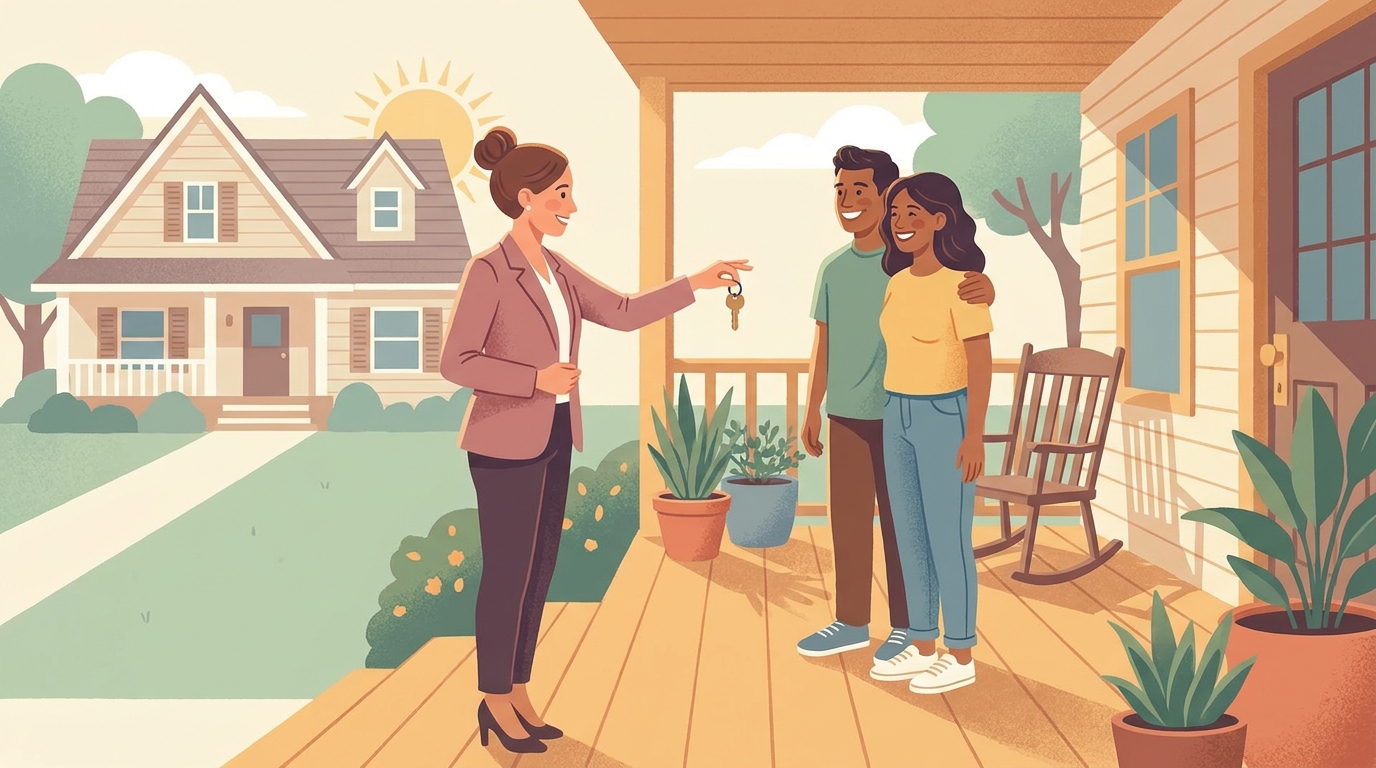 Real estate agent handing house keys to a buyer on a sunny front porch