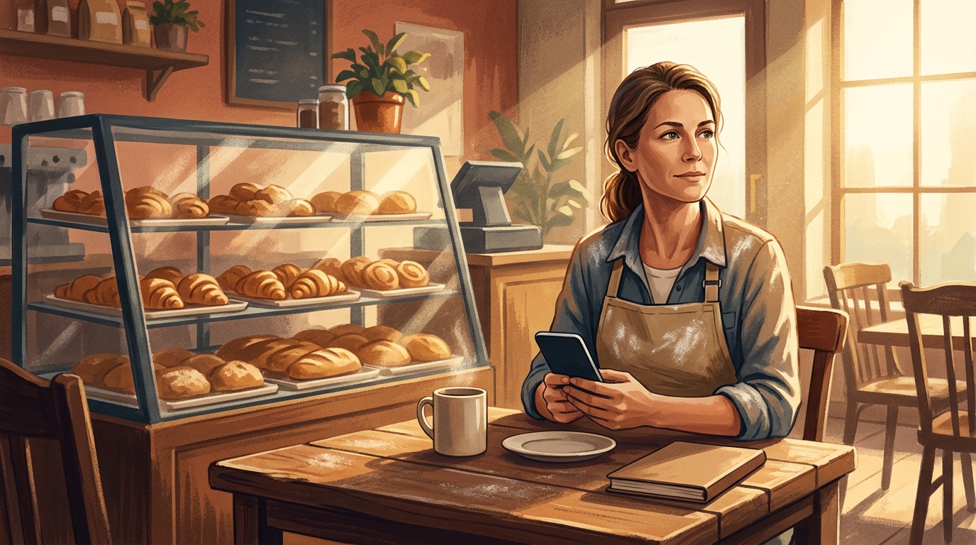 Bakery owner planning advertising at a café table beside a pastry display case in morning light