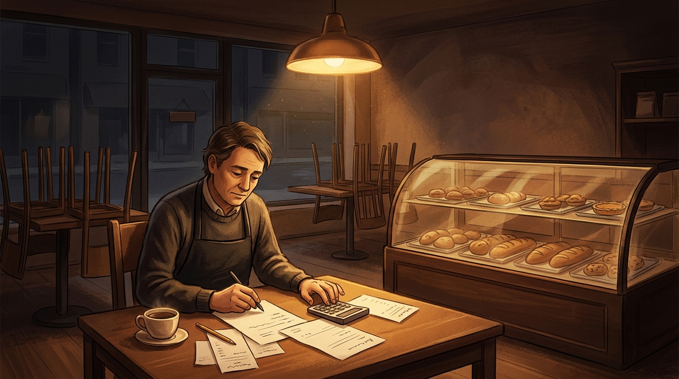 Bakery owner planning an advertising budget with a calculator at a cafe table after hours