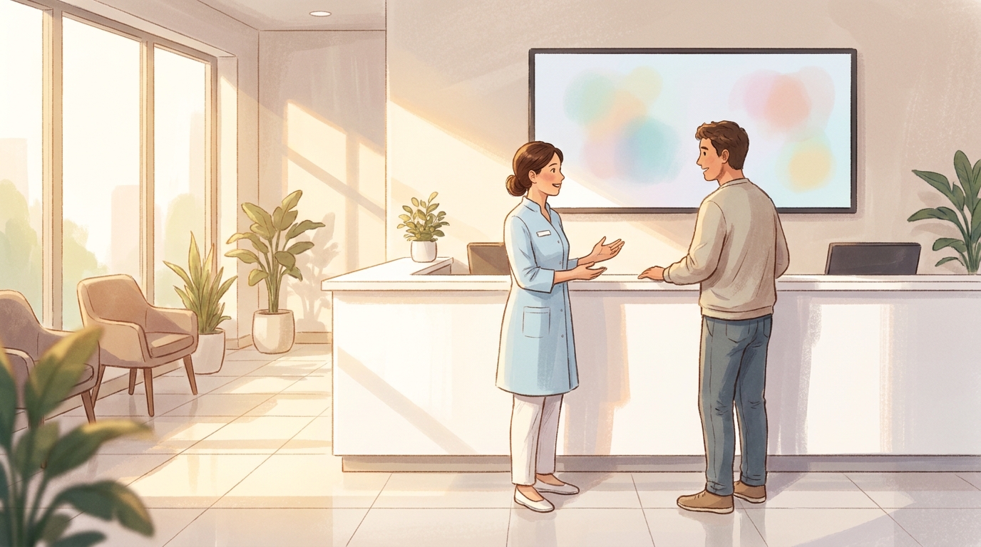 Dentist talking with a patient at a bright clinic front desk