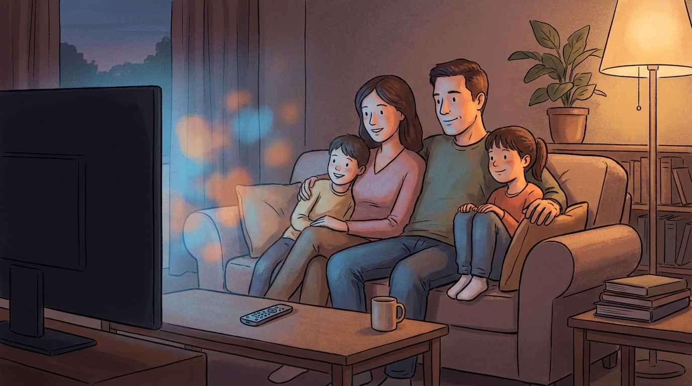 Family watching television together on a sofa in a lamp-lit living room