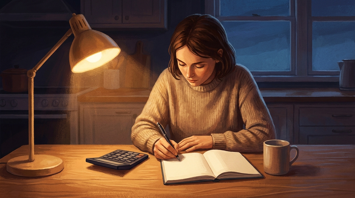 Small business owner planning a budget with a notebook and calculator at a kitchen table