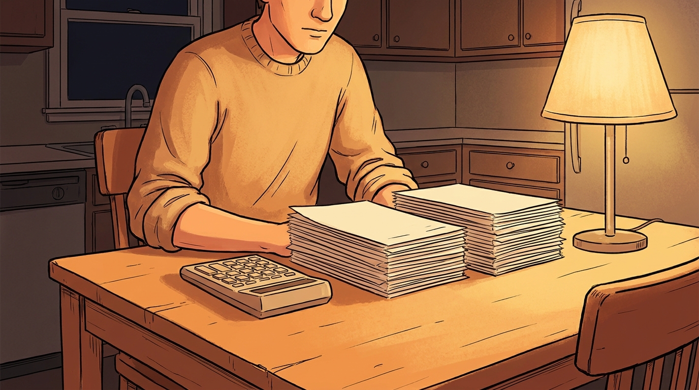 Business owner at a kitchen table comparing stacks of printed reports with a calculator under warm lamp light
