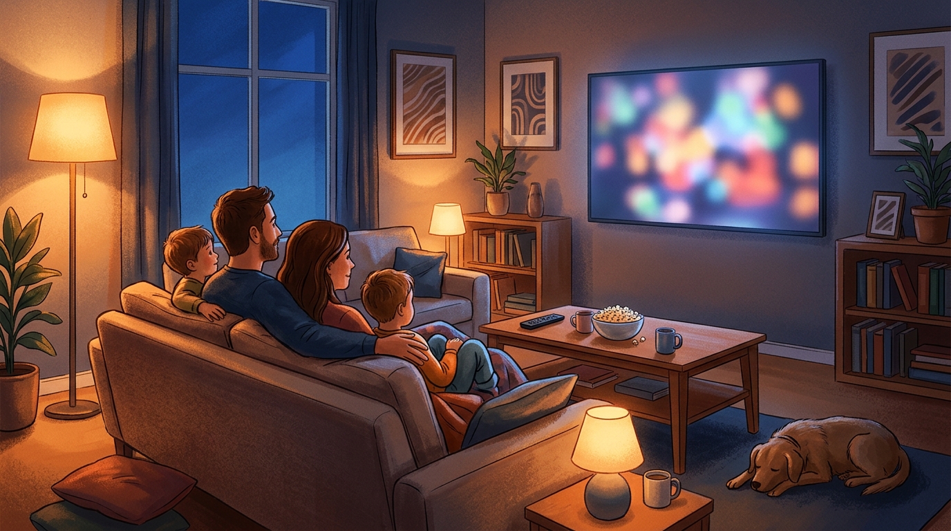 Family relaxing on a couch in the evening while watching a large streaming television