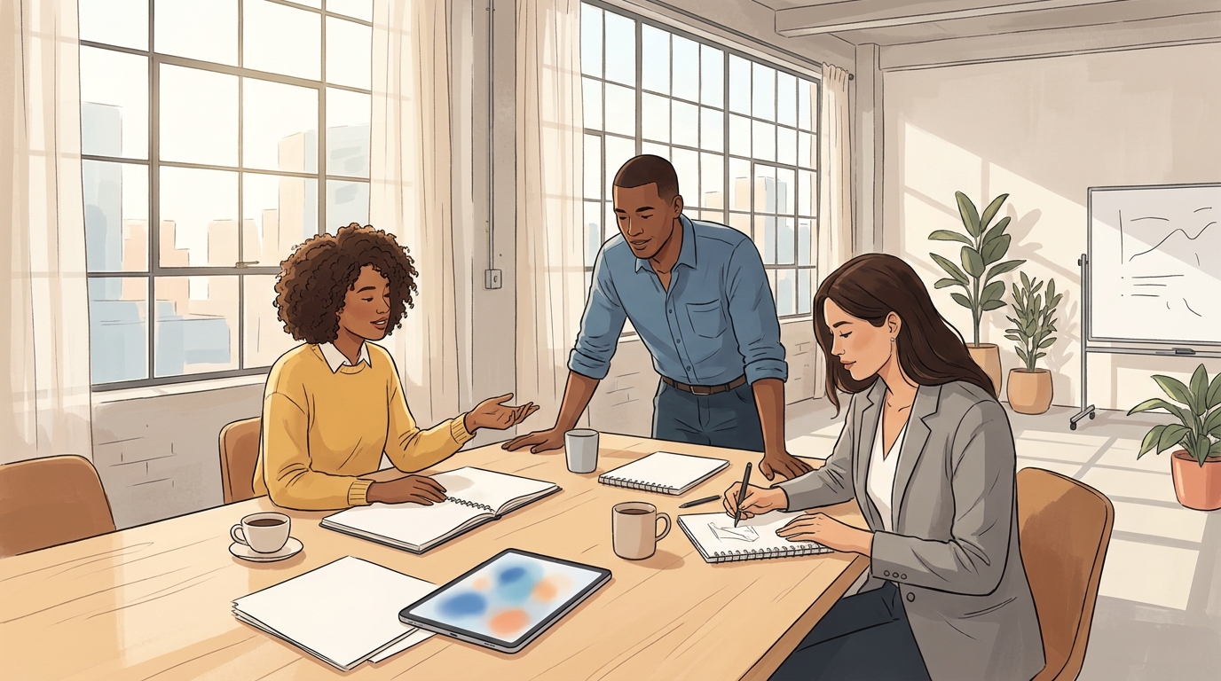 Three agency marketers talking around a table in a bright office with notebooks and coffee