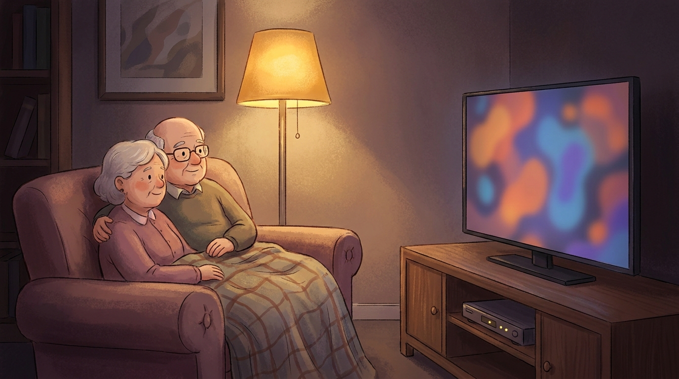 Older couple on a sofa watching TV with a cable set-top box on the stand below the screen