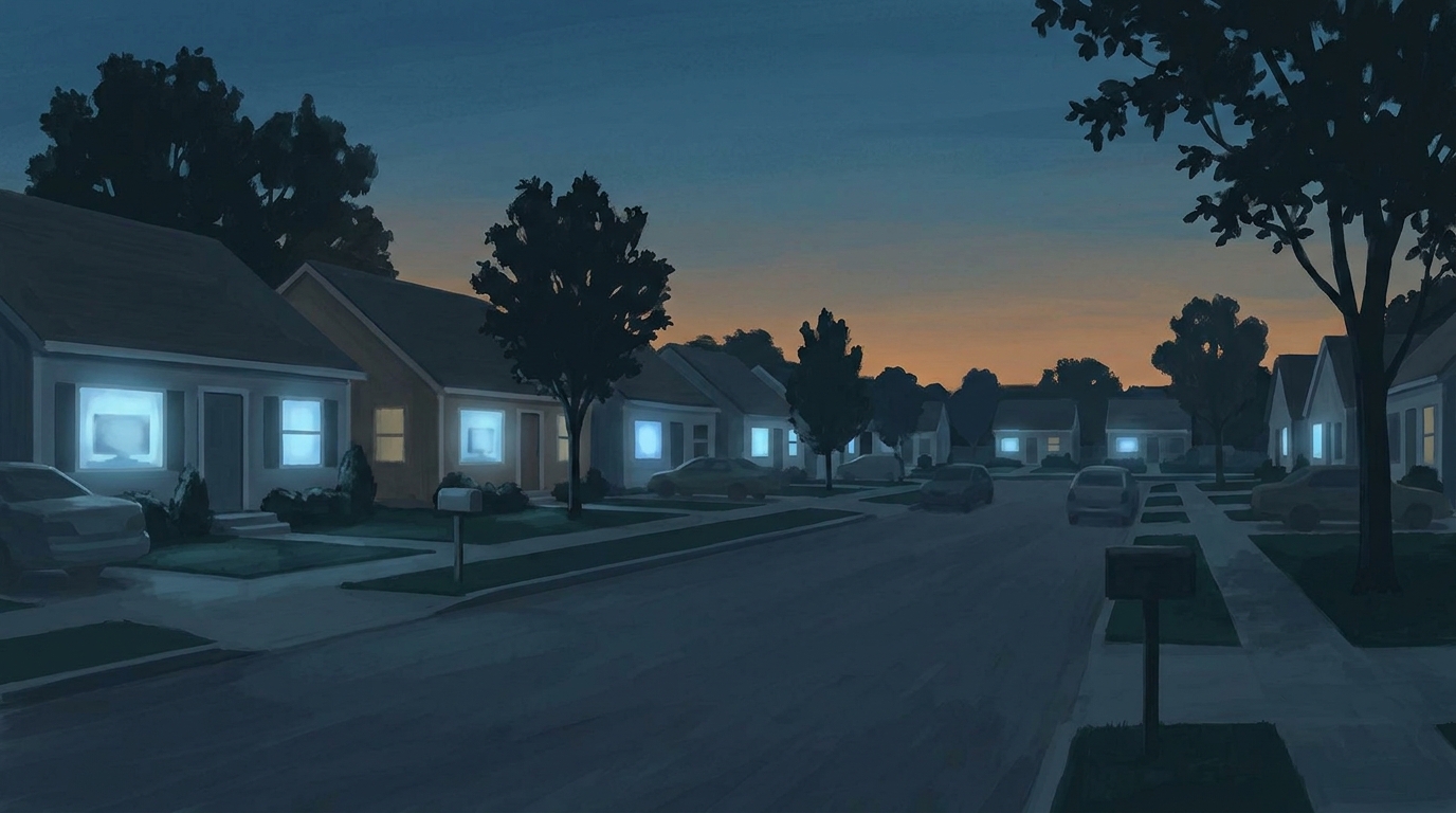 Suburban street at dusk with TV light glowing in several living room windows