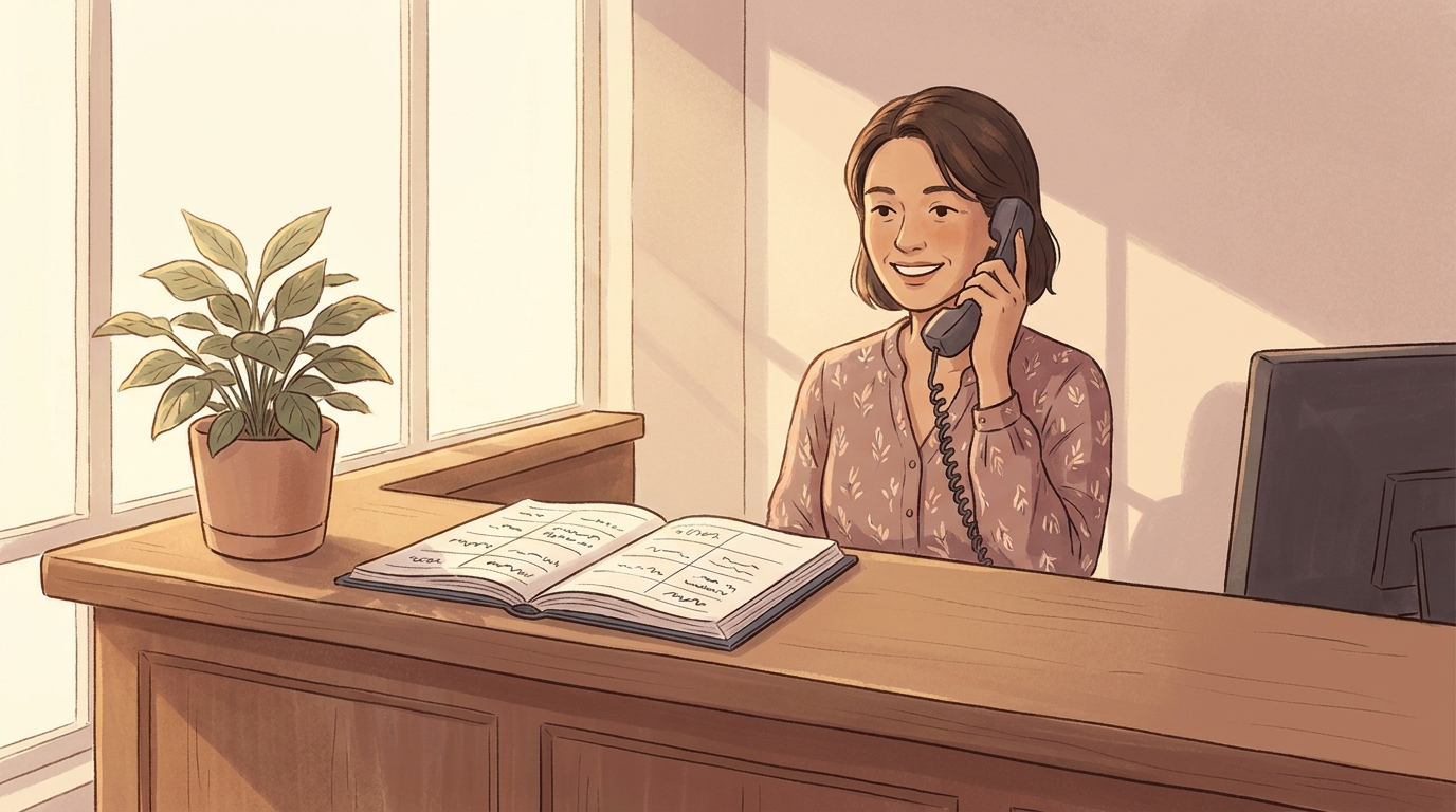 Clinic receptionist answering a phone call at a chiropractic front desk in morning light