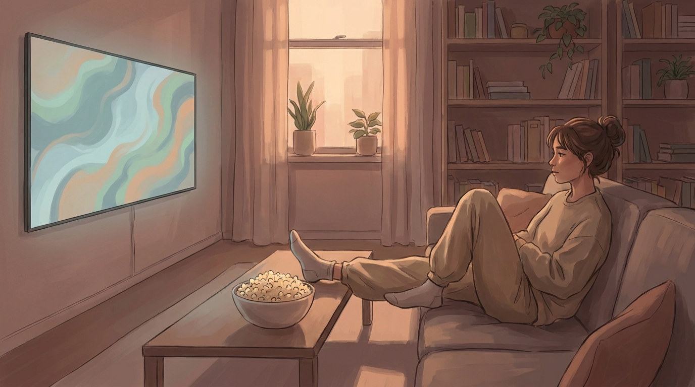 Young adult relaxing in an apartment watching a wall-mounted television with popcorn
