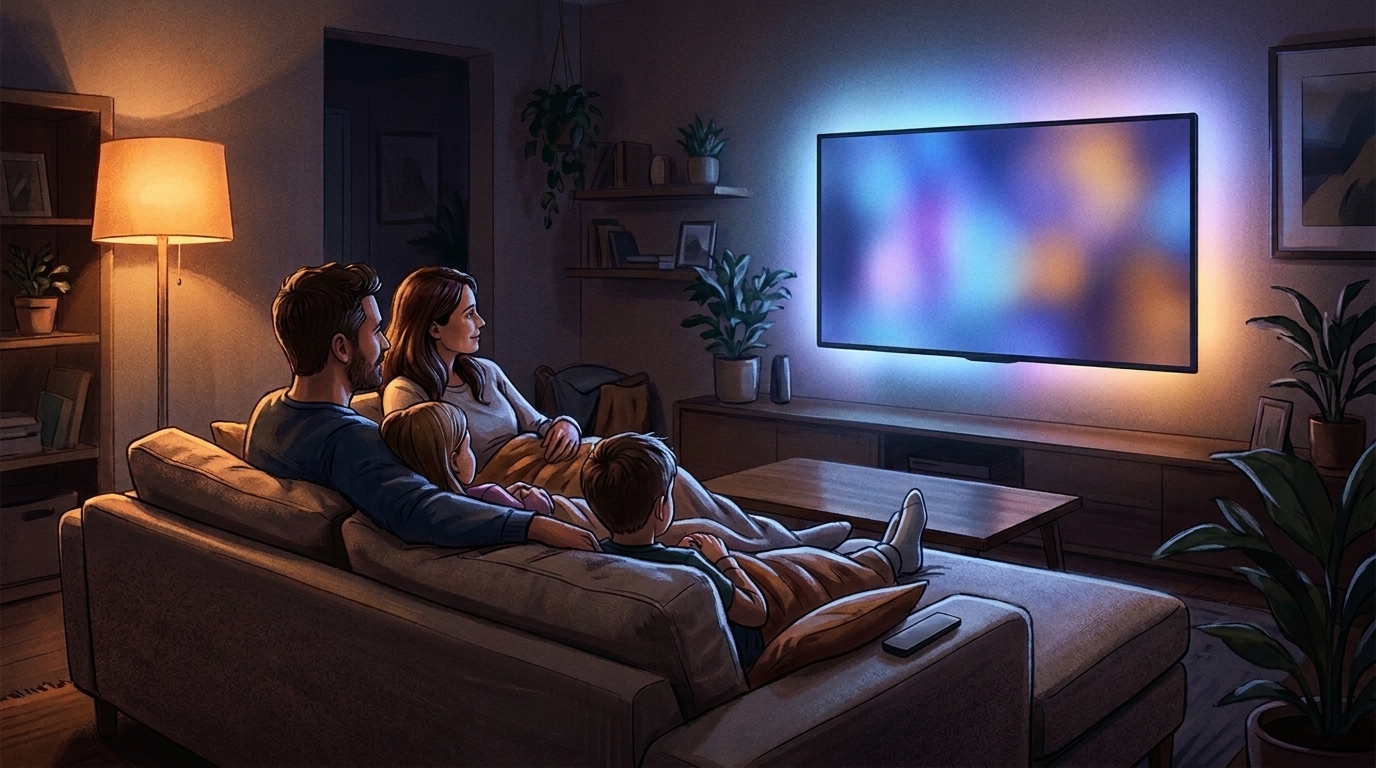 Family watching a large television together on a sofa in the evening
