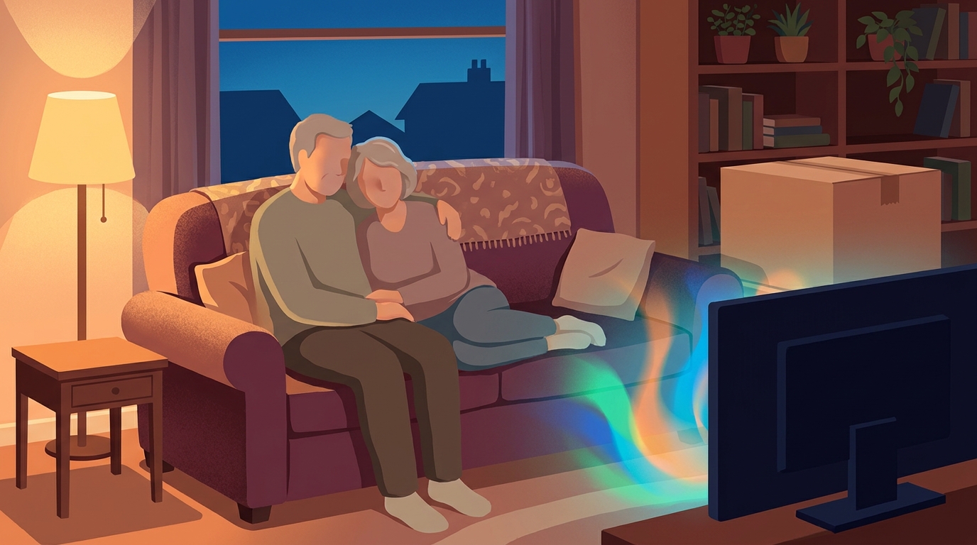 Couple watching television on a sofa in a living room with a moving box nearby