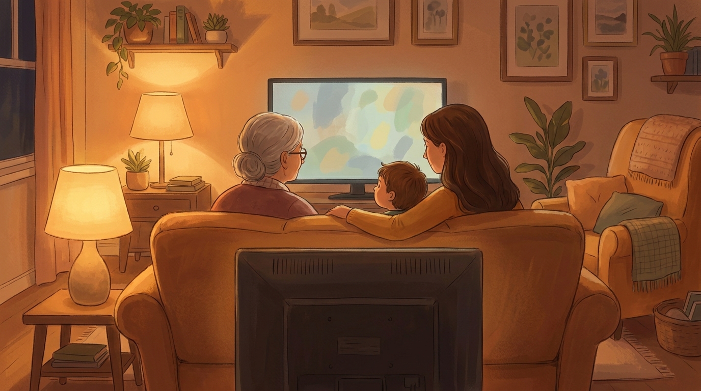 Grandmother, mother and young child sit together on a sofa watching television in a lamp-lit living room