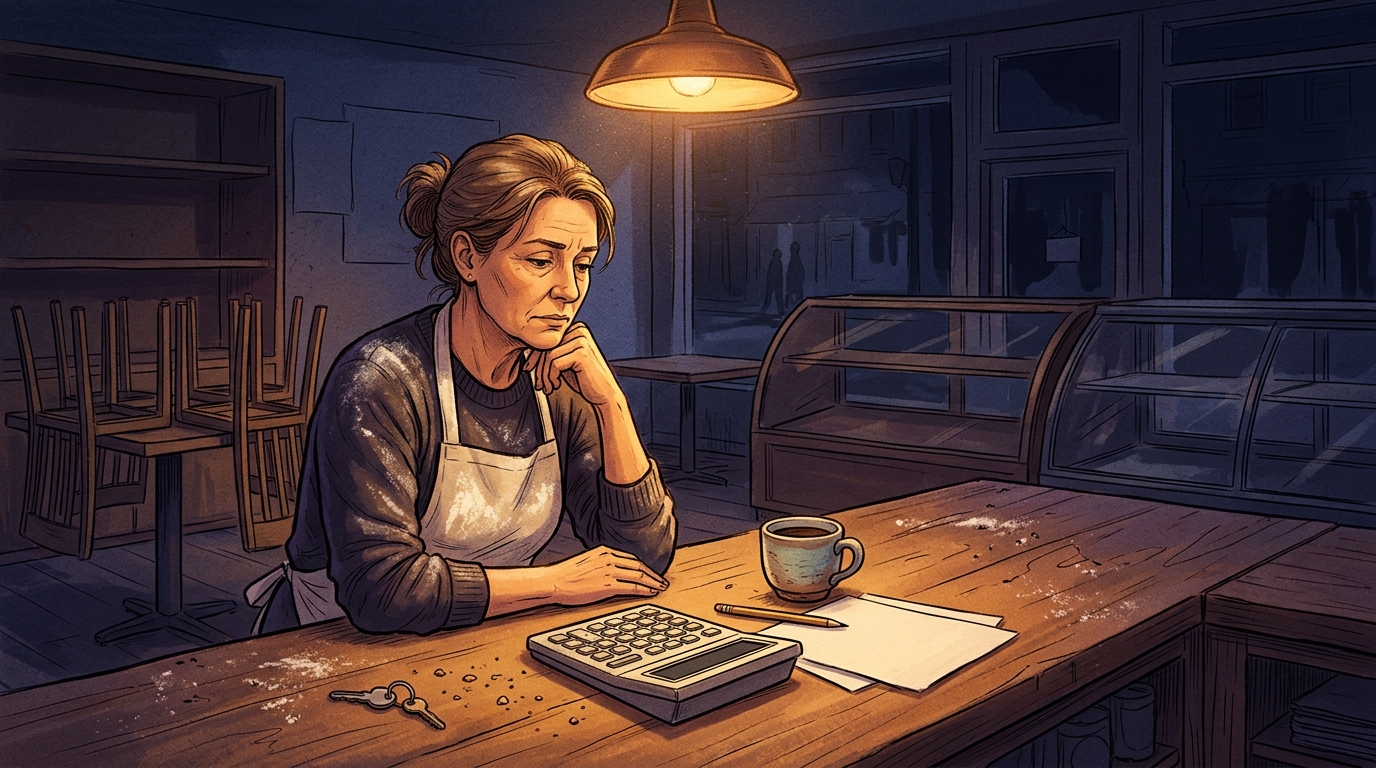 Bakery owner at her shop counter working out an advertising budget with a calculator