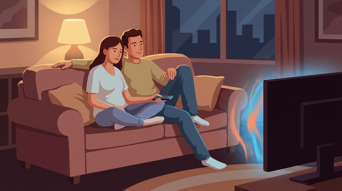 Couple on a sofa in a warmly lit living room choosing something to watch on TV