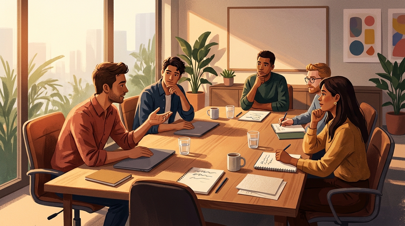 Media planners at an agency meeting table discussing next year's advertising budget
