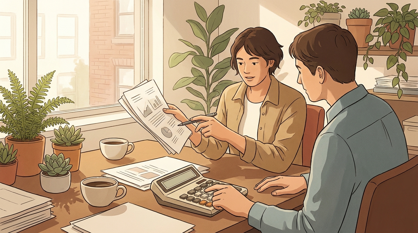 Two analysts at a desk comparing notes with a calculator in daylight