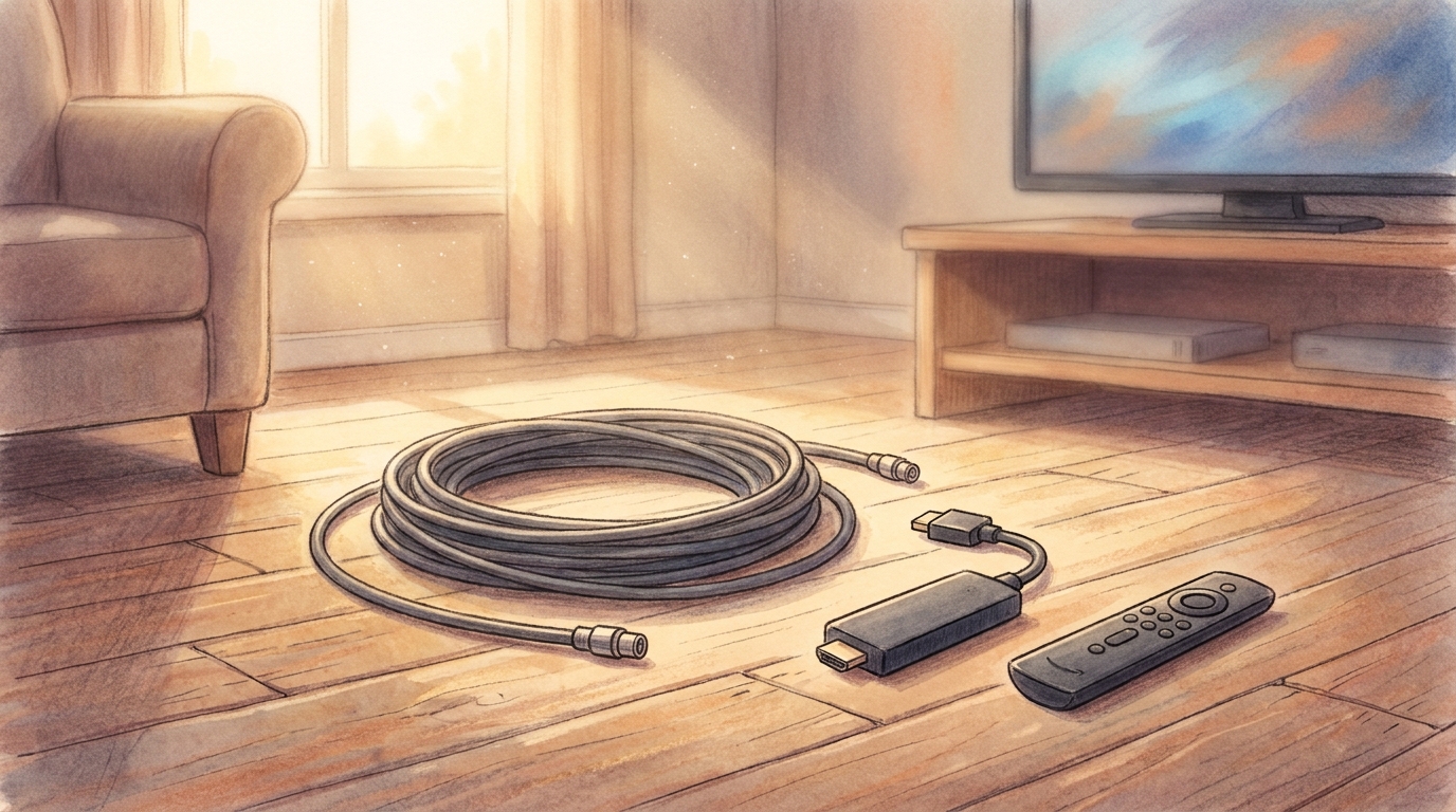 Unplugged coaxial cable coiled on a living room floor next to a streaming stick and a TV remote