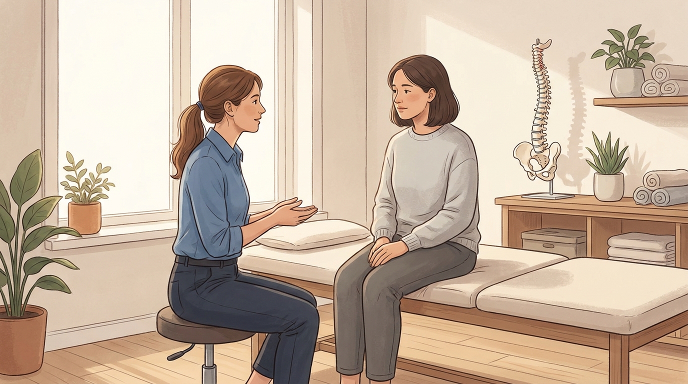 Chiropractor talking with a new patient seated on a treatment table in a bright clinic room