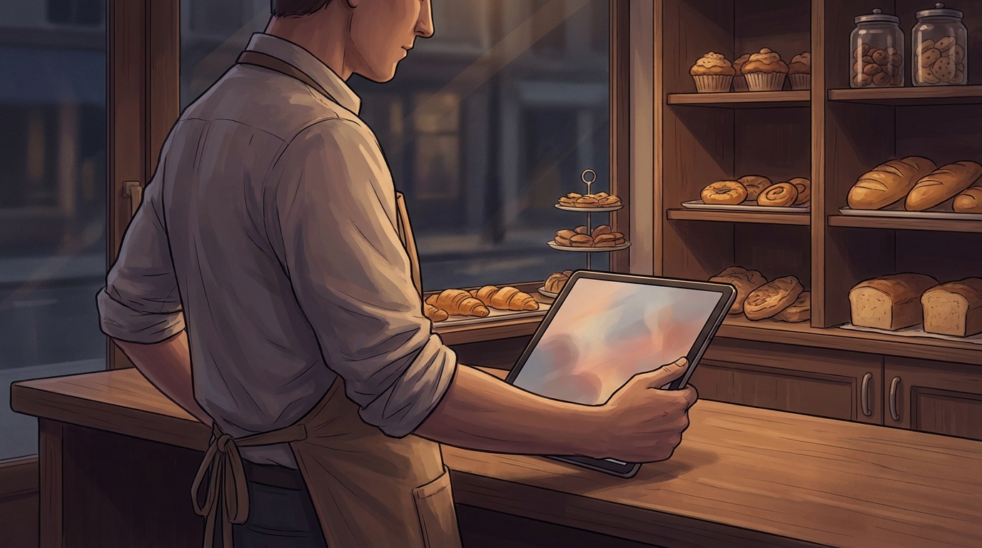 Bakery owner at the counter after closing, reviewing something on a tablet