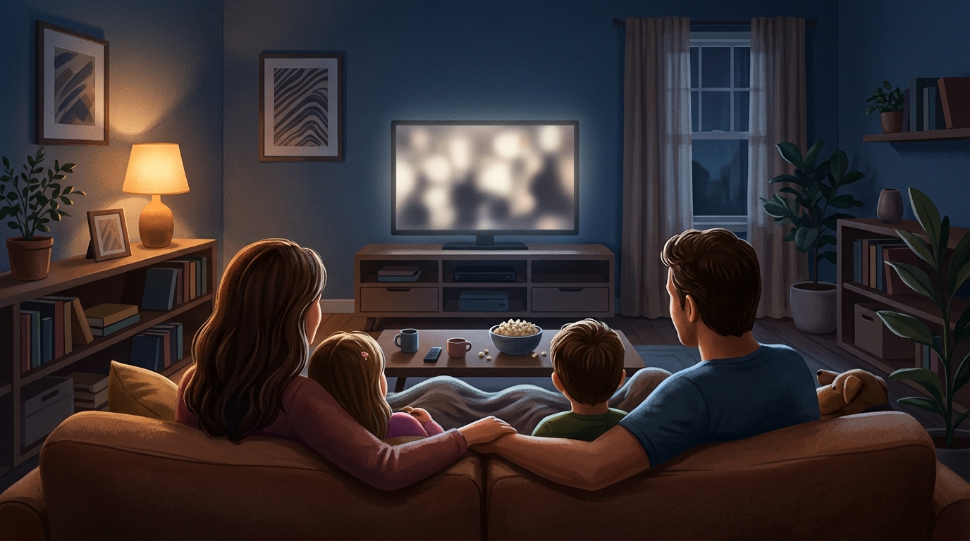 Family watching television together on a sofa in a lamp-lit living room in the evening