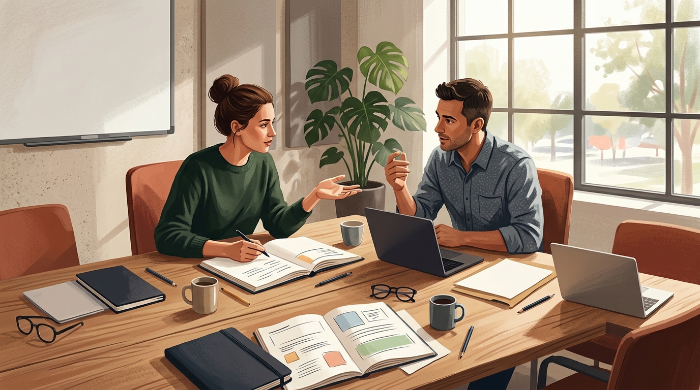 Two media buyers discussing options at a conference table in a bright office
