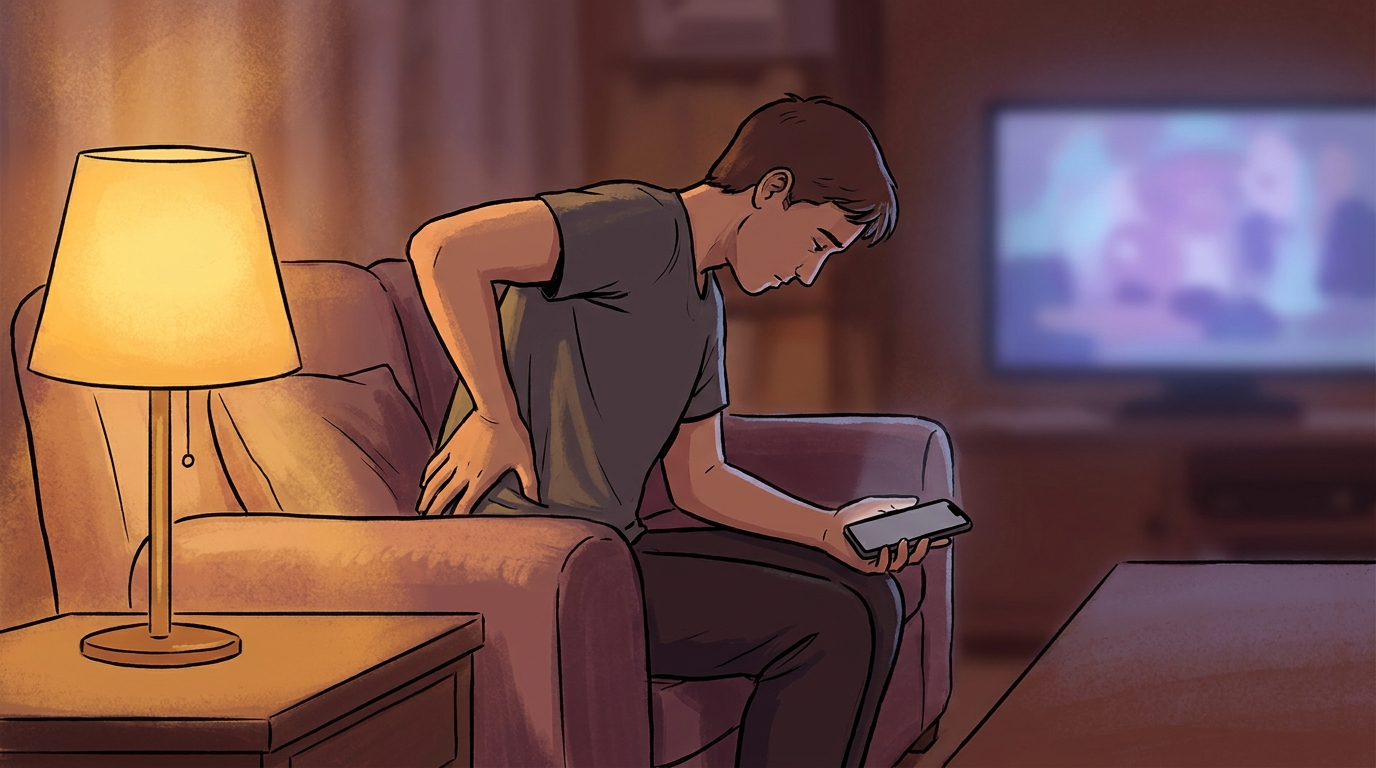 Person with lower back pain sitting on a couch at home in the evening holding a phone