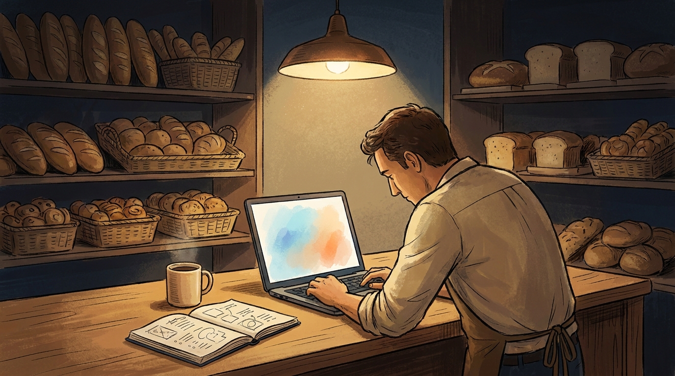 Bakery owner planning advertising at a counter with a laptop and notebook after closing