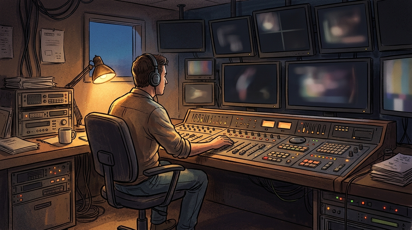 Producer at a mixing desk in a small local TV station control room in the evening