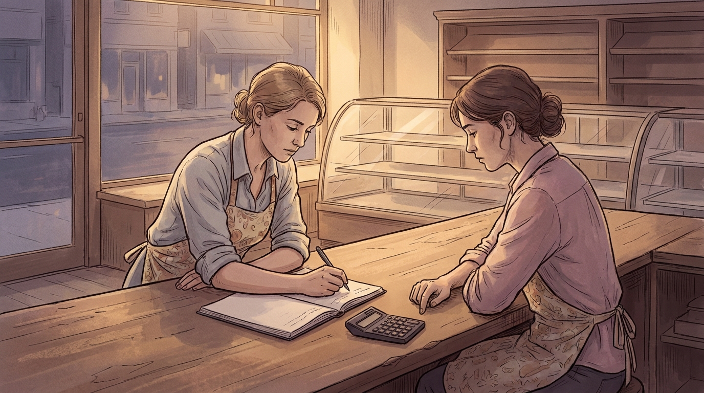 Bakery owner at her counter after closing, planning a budget with a notebook and calculator