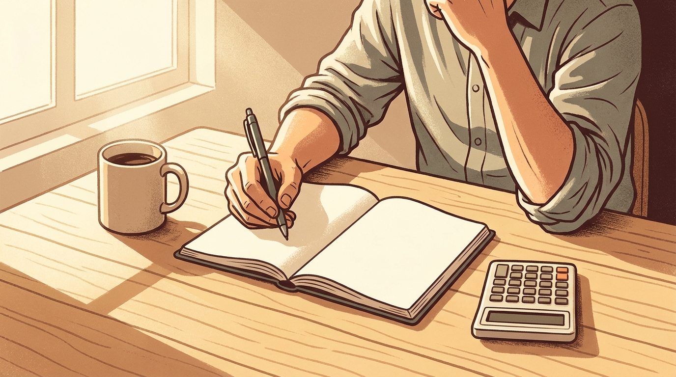 Small business owner planning an advertising budget with a notebook at a sunlit table