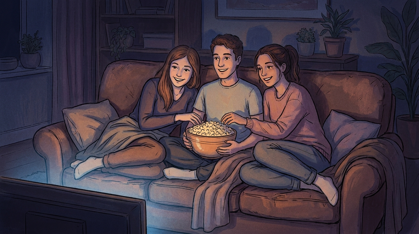 Friends sharing popcorn on a couch at night, lit by the glow of a television