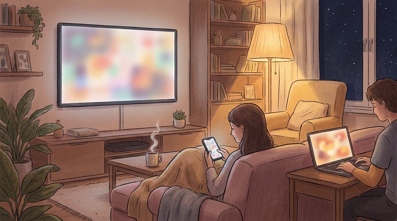 Family in a living room using a TV, a phone, and a laptop at the same time in the evening