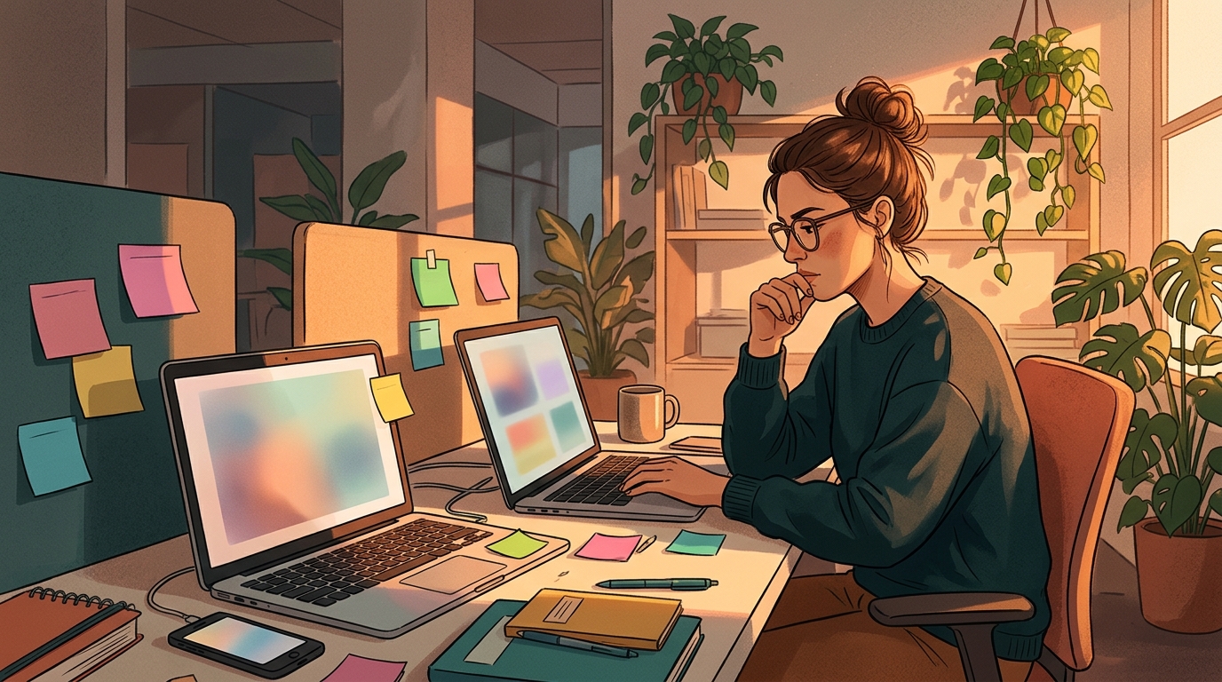 Marketer working across two laptops and a phone with colored sticky notes on the desk