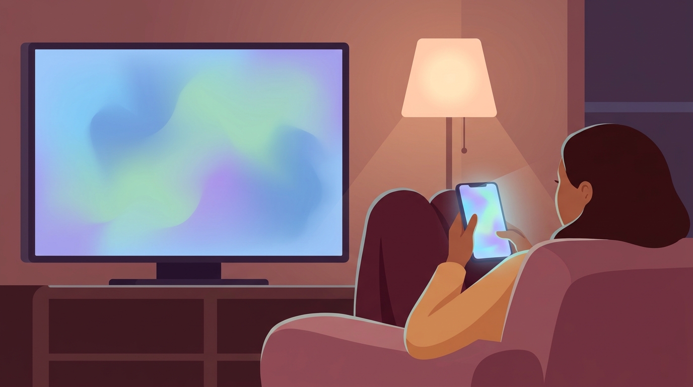 Homeowner on a couch watching streaming TV in the evening while holding a smartphone