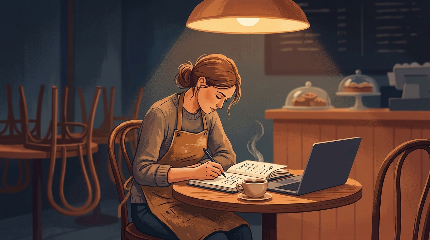 Bakery owner planning at a café table after closing with a notebook and a cup of coffee