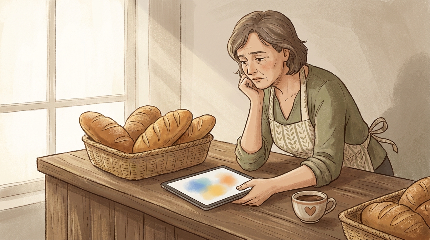 Bakery owner at her counter reviewing something on a tablet next to fresh bread